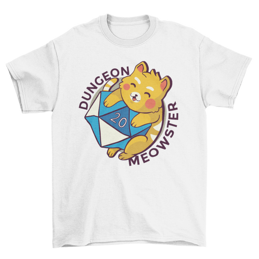 Cute cat hugging a dice with caption dungeon meowster t-shirt