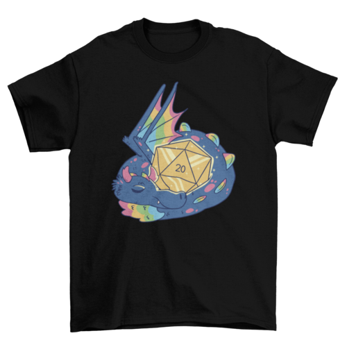 Beautiful Rainbow wings dragon sleeping with rpg dice t-shirt