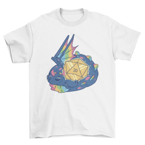 Beautiful Rainbow wings dragon sleeping with rpg dice t-shirt