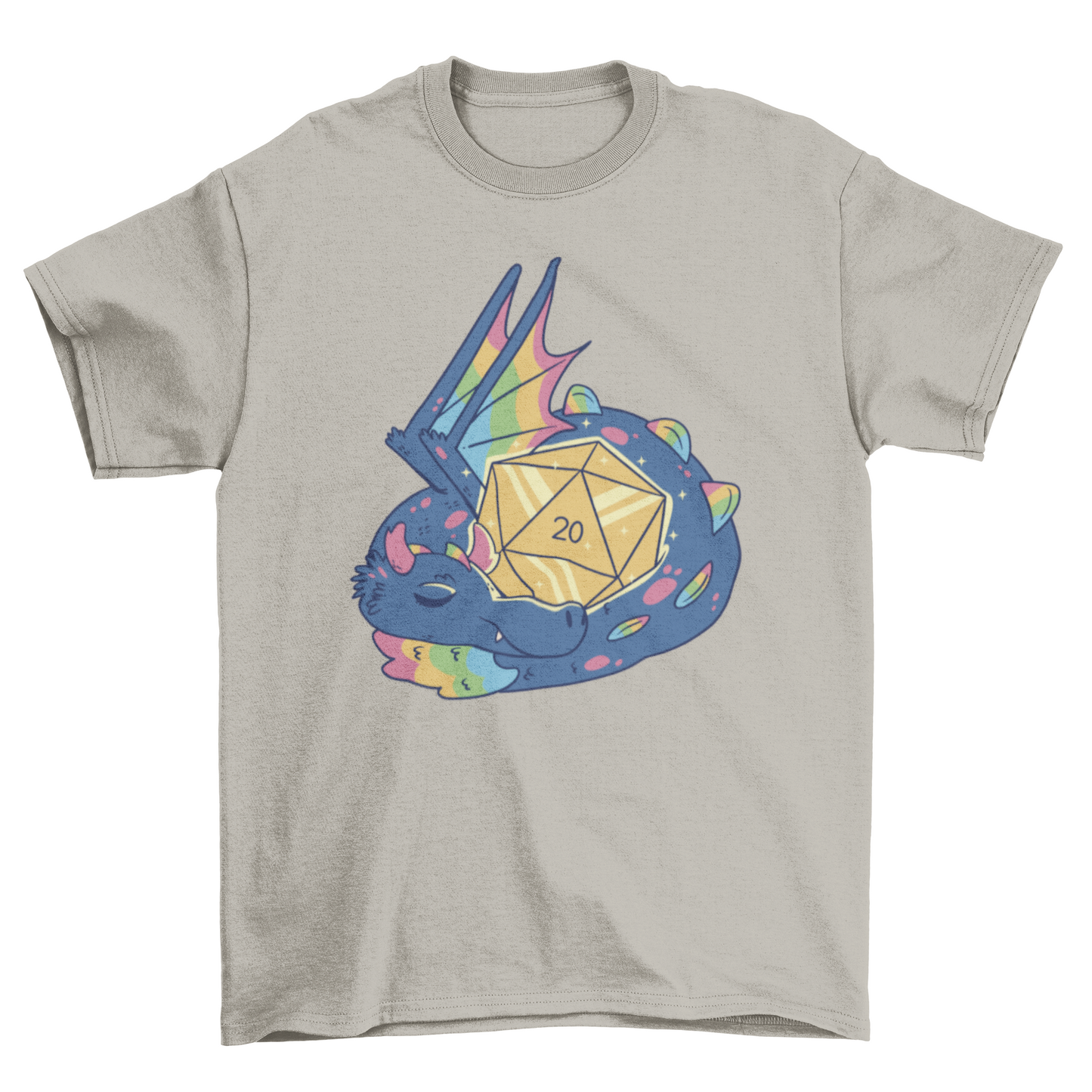 Beautiful Rainbow wings dragon sleeping with rpg dice t-shirt