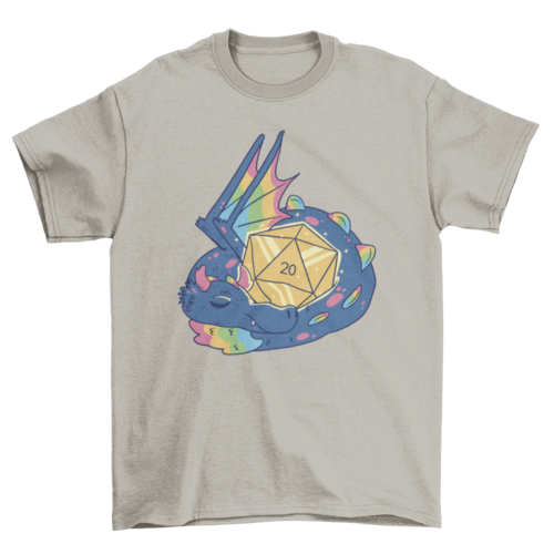 Beautiful Rainbow wings dragon sleeping with rpg dice t-shirt