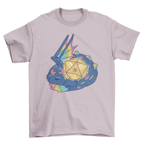 Beautiful Rainbow wings dragon sleeping with rpg dice t-shirt
