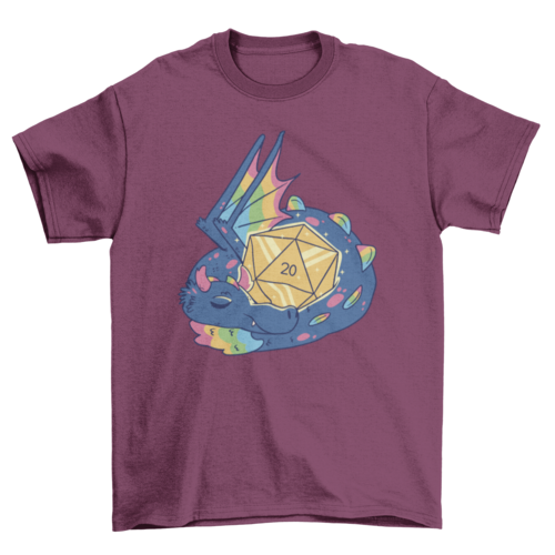 Beautiful Rainbow wings dragon sleeping with rpg dice t-shirt